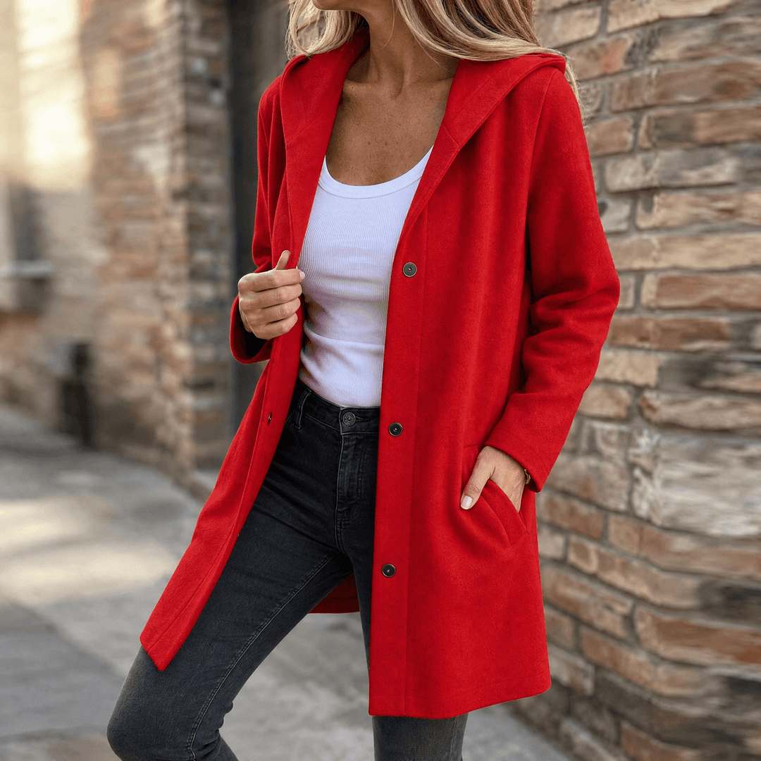 Women's Hooded Wool Coat with Pockets and a Button Front – Red