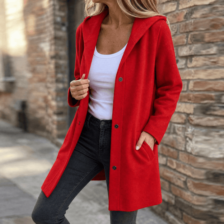 Women's Hooded Wool Coat with Pockets and a Button Front – Red