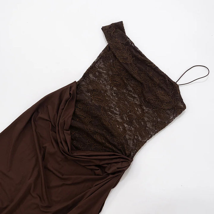 Kathy - Women's Off-Shoulder Lace Bodice Draped Maxi Dress - Brown