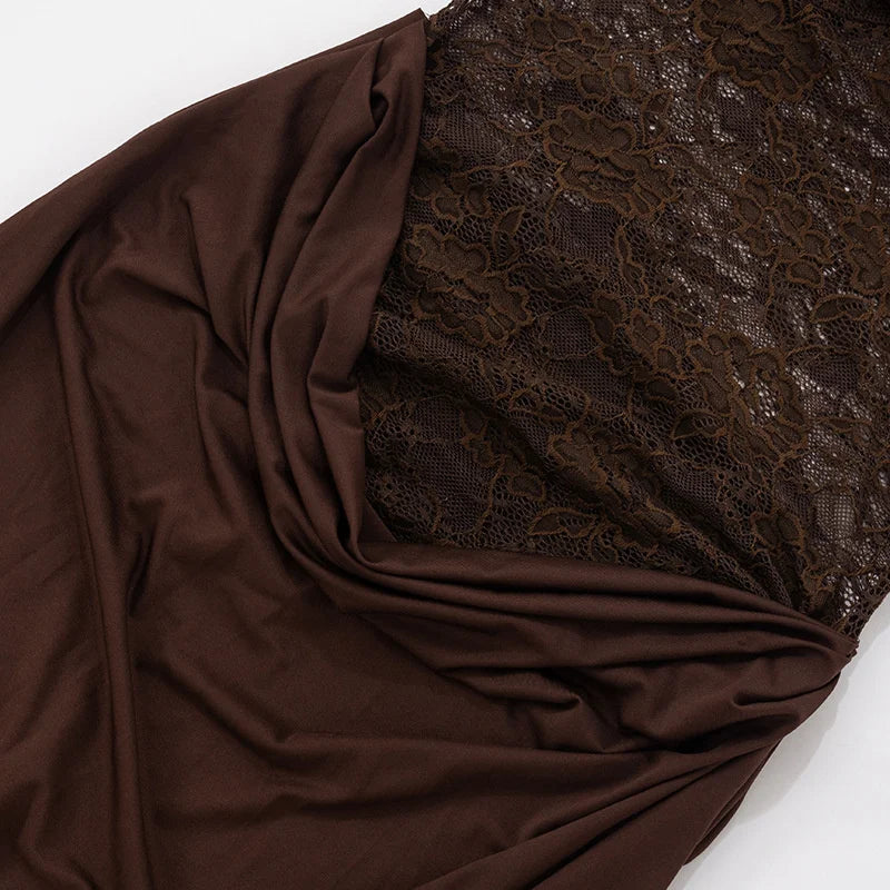 Kathy - Women's Off-Shoulder Lace Bodice Draped Maxi Dress - Brown
