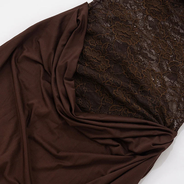 Kathy - Women's Off-Shoulder Lace Bodice Draped Maxi Dress - Brown