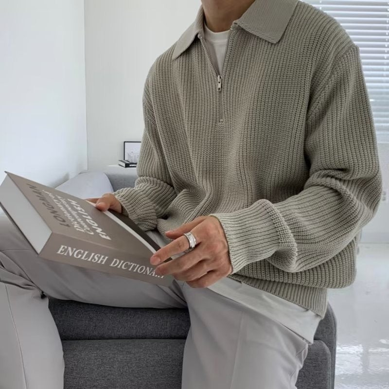 Men's Half-Zip Knitted Jumper with Stand Collar