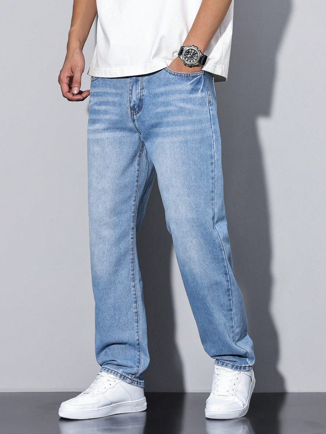 Men's Straight Fit Cotton Jeans Solid Color