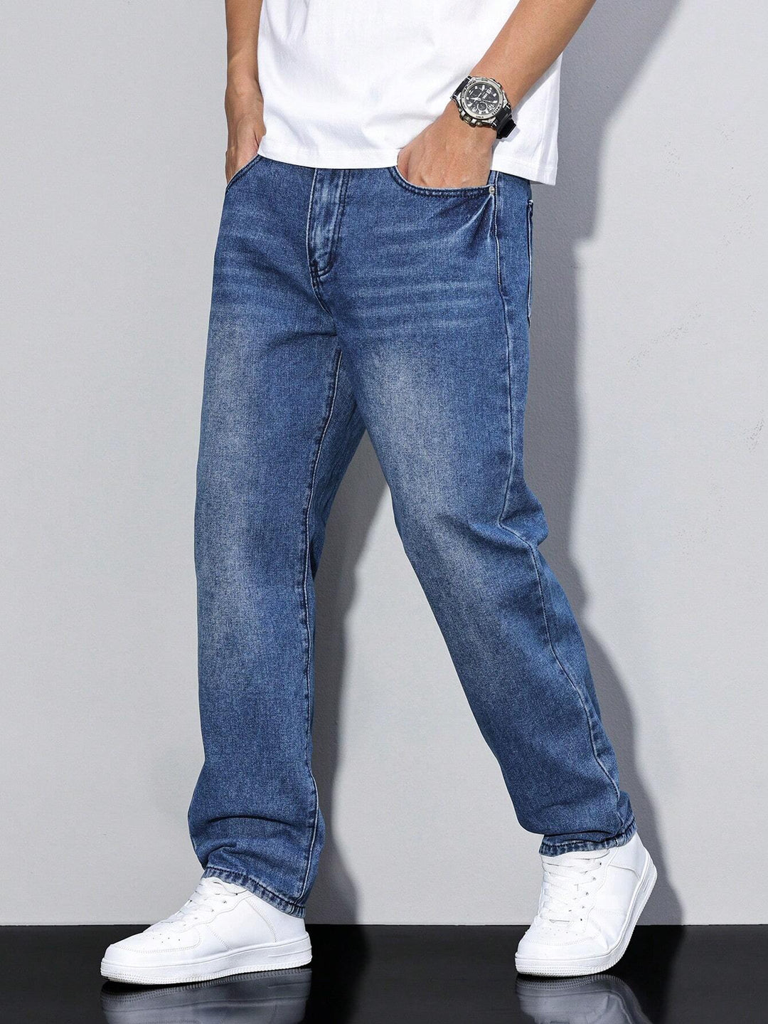 Men's Straight Fit Cotton Jeans Solid Color