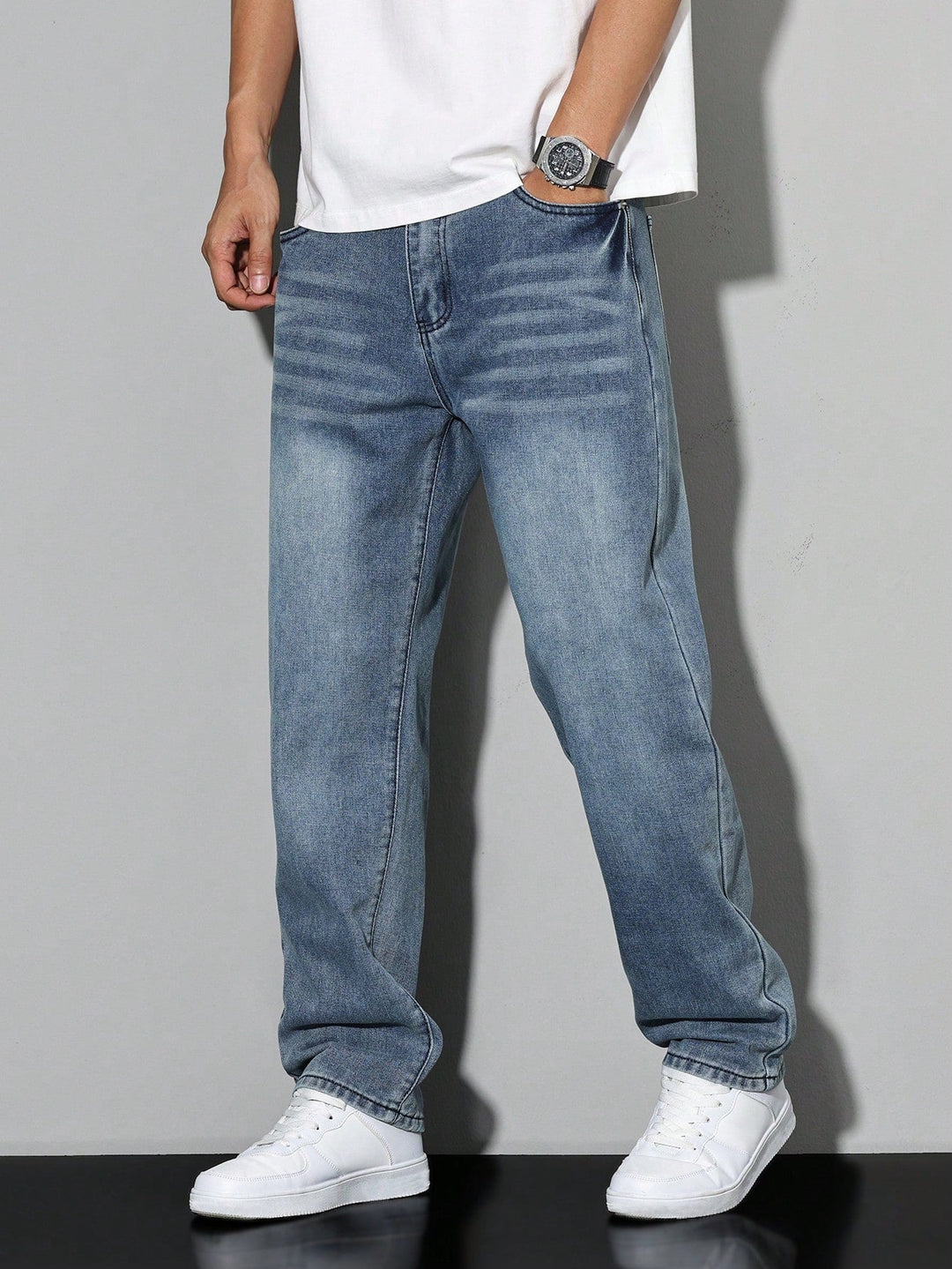 Men's Straight Fit Cotton Jeans Solid Color
