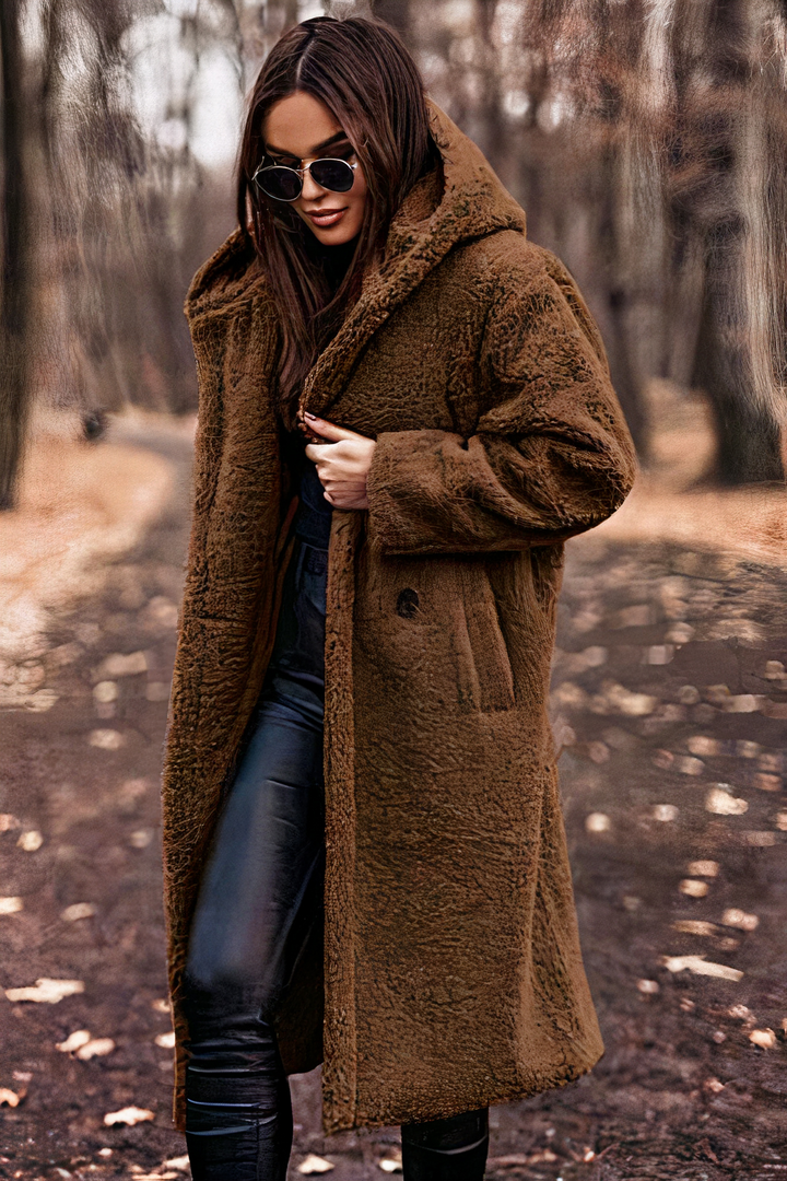 Ida - Women's Teddy Coat with Side Pockets and Hood - Brown