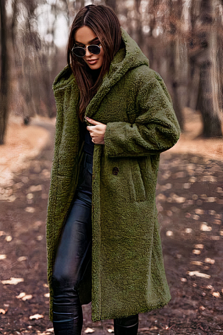 Ida - Women's Teddy Coat with Side Pockets and Hood - Green