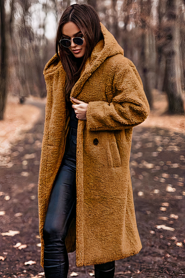 Ida - Women's Teddy Coat with Side Pockets and Hood - Camel