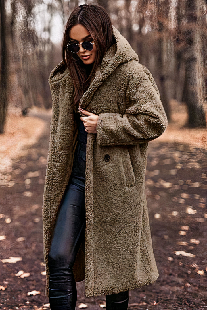 Ida - Women's Teddy Coat with Side Pockets and Hood - Khaki