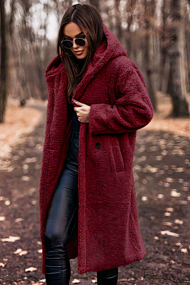 Ida - Women's Teddy Coat with Side Pockets and Hood - Red
