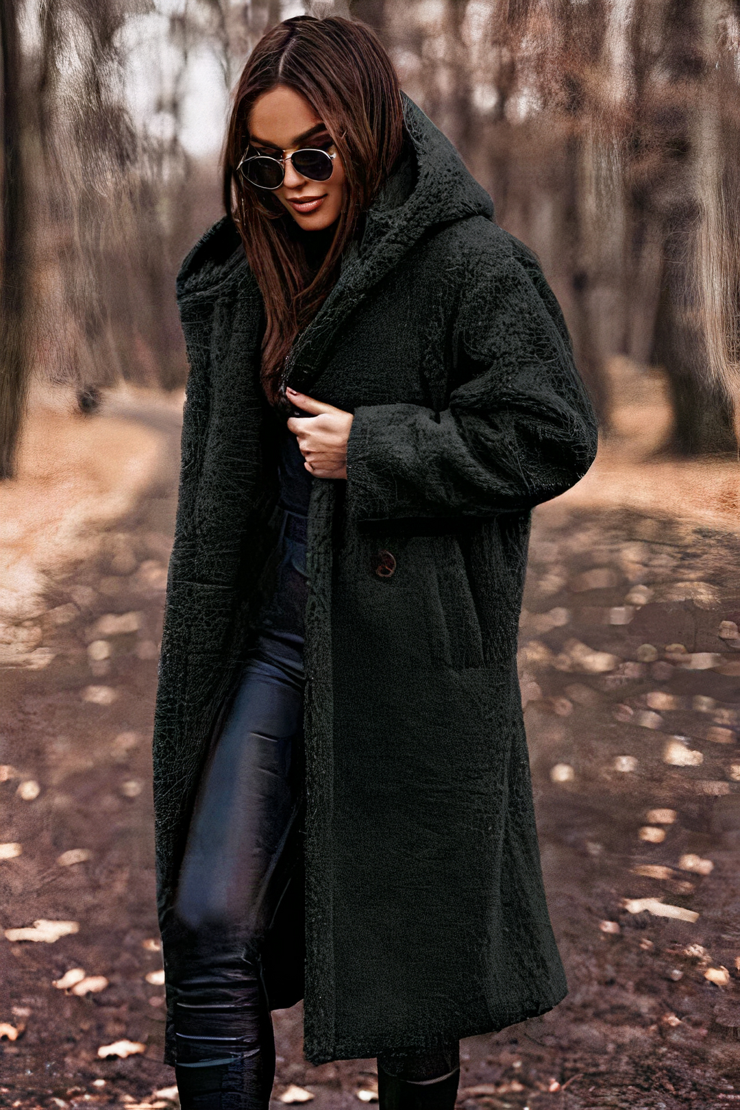 Ida - Women's Teddy Coat with Side Pockets and Hood - Black