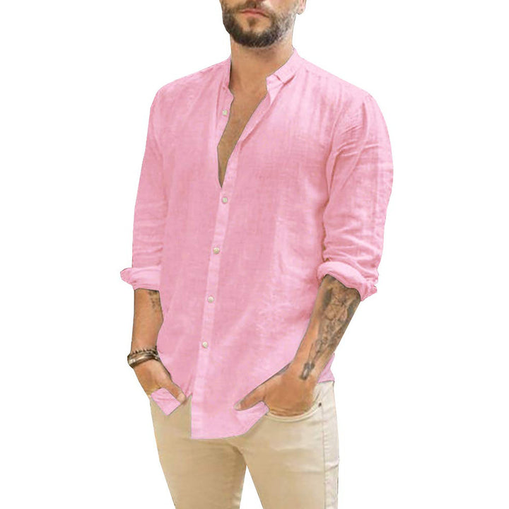 Men's Button-Up Long Sleeve Shirt with Stand Collar