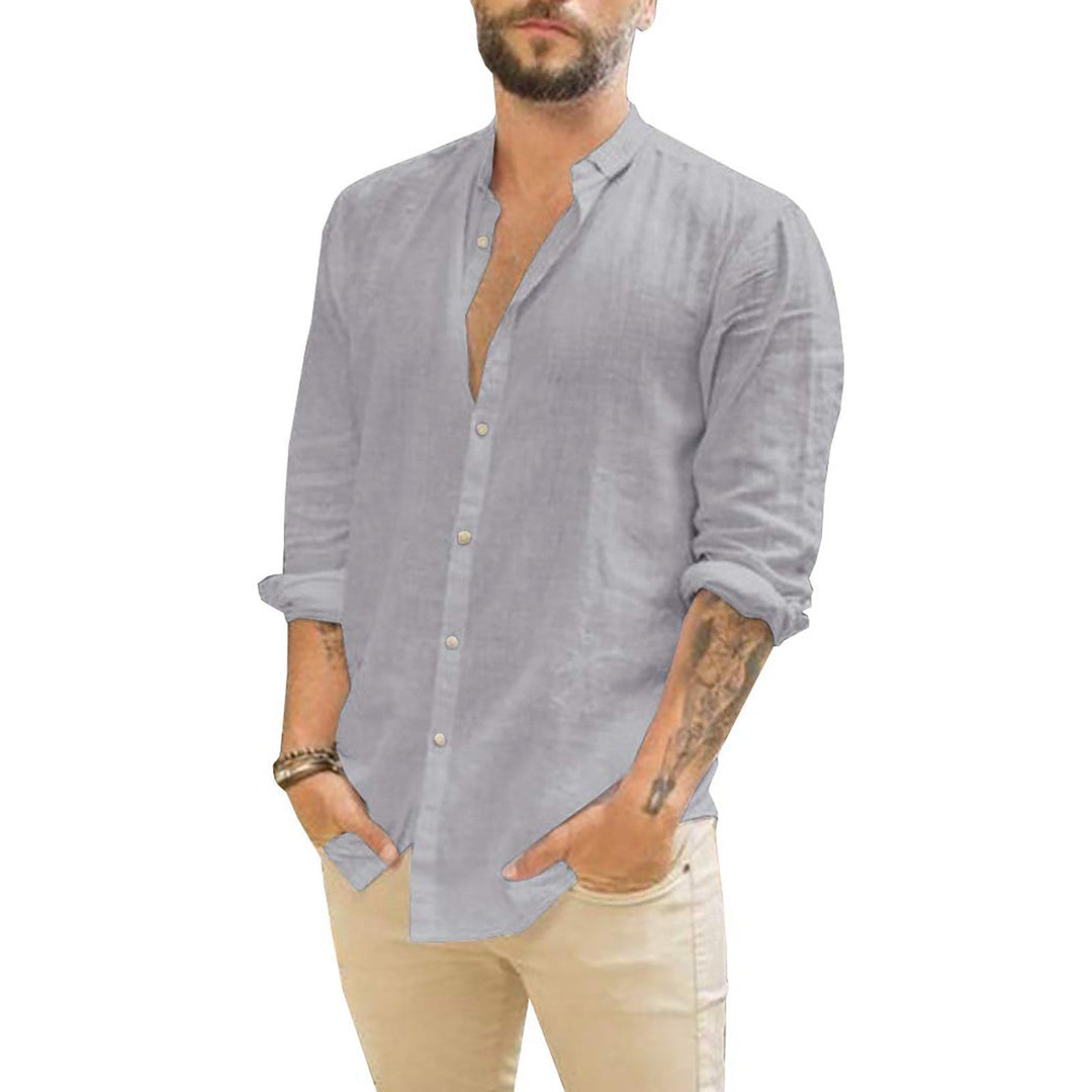 Men's Button-Up Long Sleeve Shirt with Stand Collar