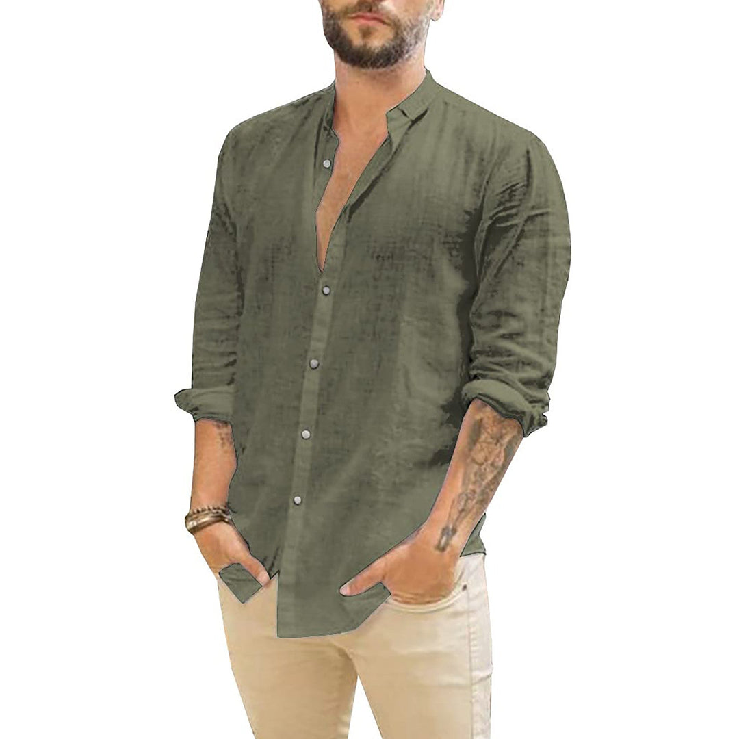 Men's Button-Up Long Sleeve Shirt Stand Collar