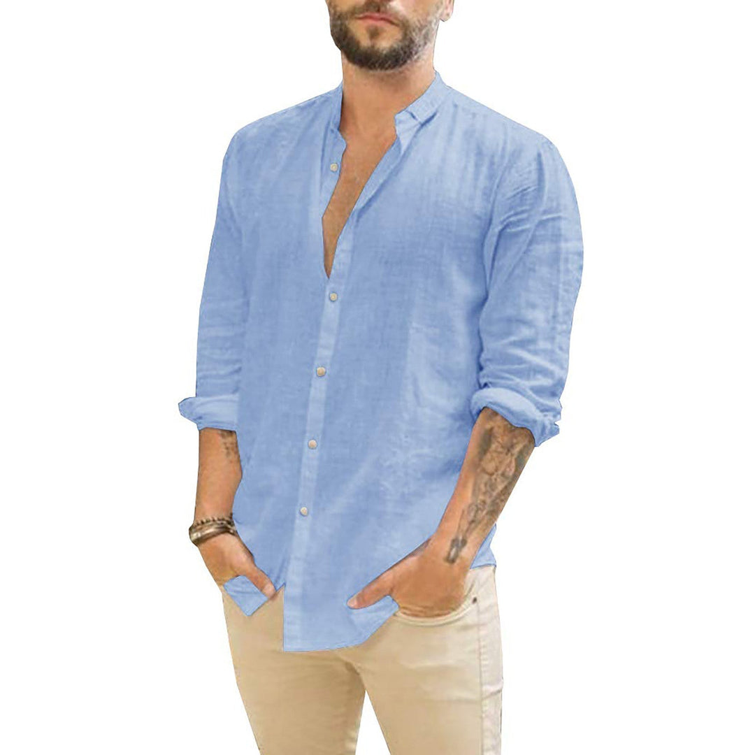 Men's Button-Up Long Sleeve Shirt Stand Collar