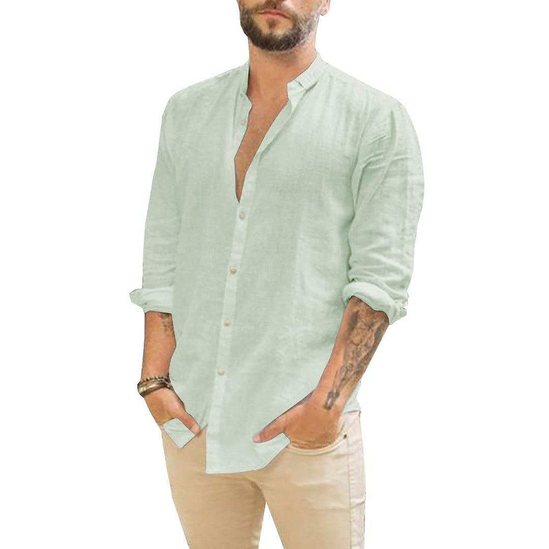 Men's Button-Up Long Sleeve Shirt Stand Collar