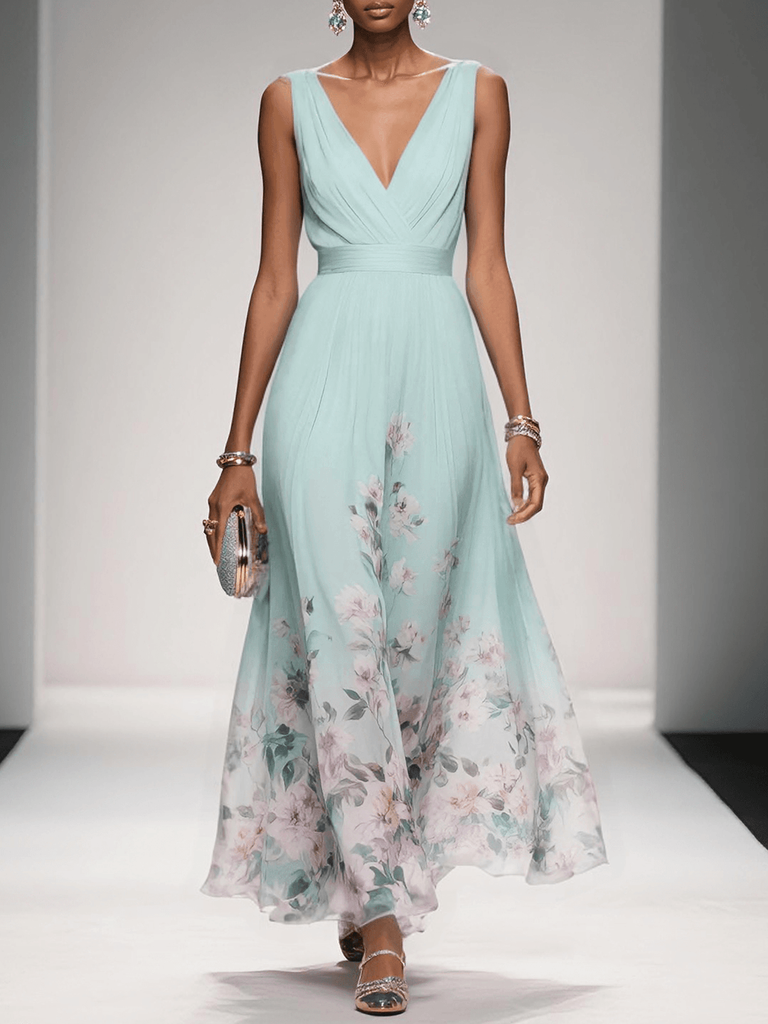 Elegant Floral Women’s Maxi Dress with Pleated Bodice