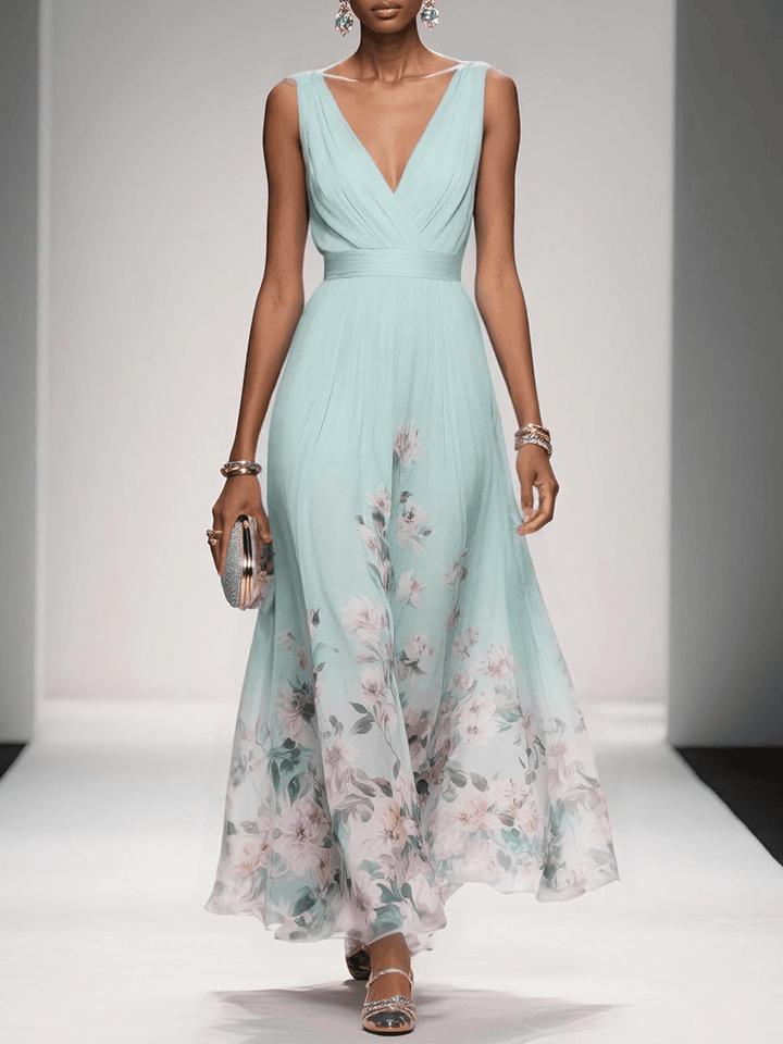 Elegant Floral Women’s Maxi Dress with Pleated Bodice