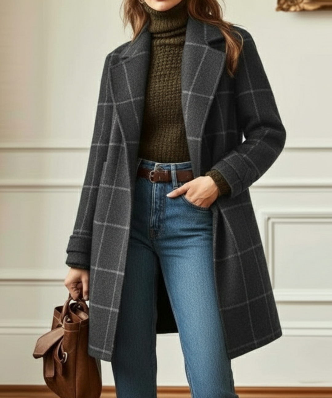 Denice - Women's Plaid Tweed Coat with Notch Lapel - photo 3