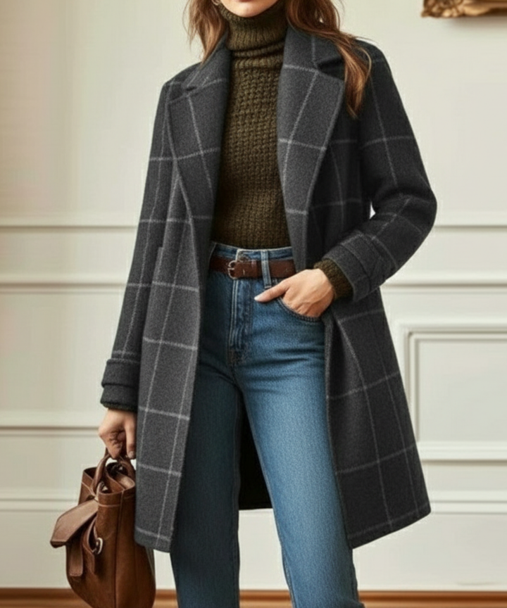 Denice - Women's Plaid Tweed Coat with Notch Lapel - photo 3