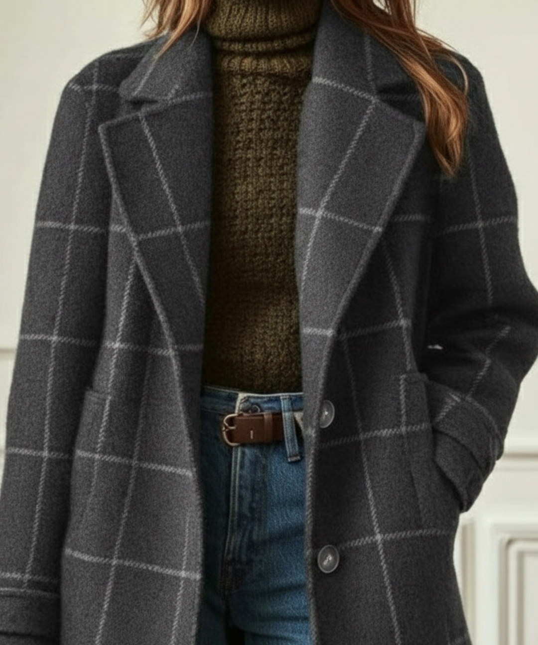 Denice - Women's Plaid Tweed Coat with Notch Lapel - photo 5