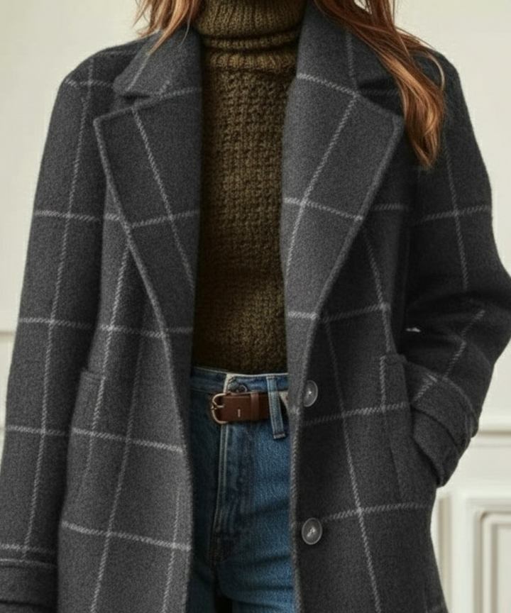 Denice - Women's Plaid Tweed Coat with Notch Lapel - photo 5