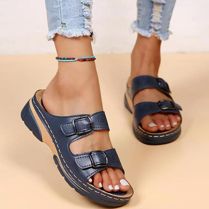 Women's Double Buckle Comfort Open Toe Slip-On Sandals