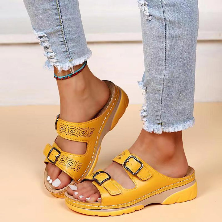 Women's Double Buckle Comfort Open Toe Slip-On Sandals