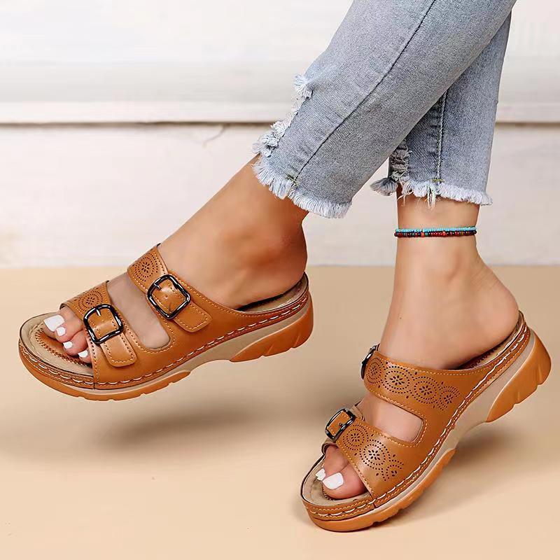 Women's Double Buckle Comfort Open Toe Slip-On Sandals