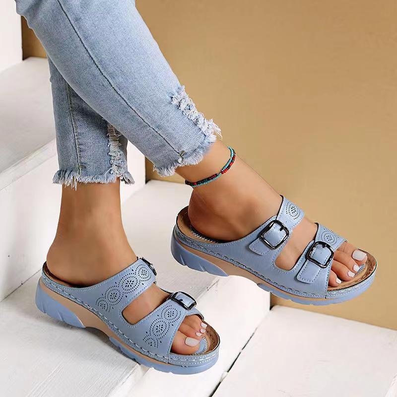 Women's Double Buckle Comfort Open Toe Slip-On Sandals