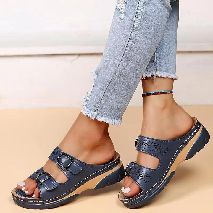 Women's Double Buckle Comfort Open Toe Slip-On Sandals