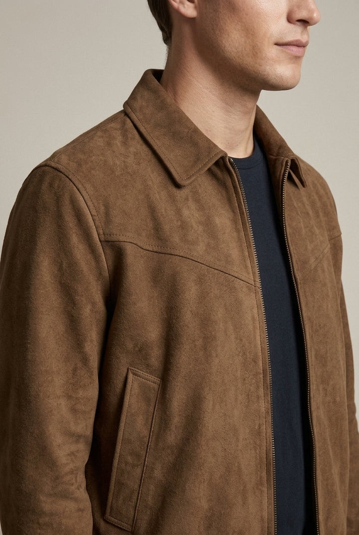 Men's Suede Bomber Jacket with Zip Front and Collar