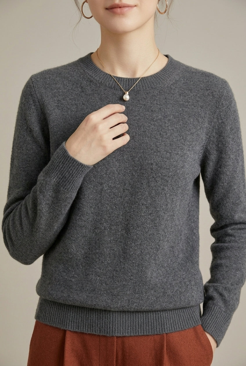 Women's Knit Sweater with Crew Neck and Ribbed Cuffs