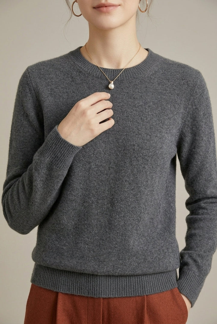 Women's Knit Sweater with Crew Neck and Ribbed Cuffs