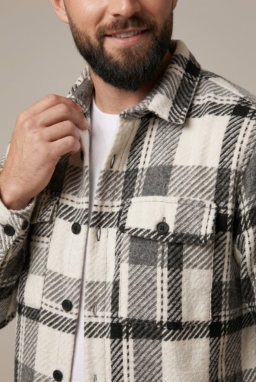 Men's Check Pattern Overshirt with Relaxed Fit and Button Front