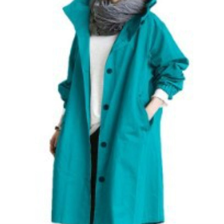 Women's Hooded Trench Coat with Pockets and a Button Front – Turquoise
