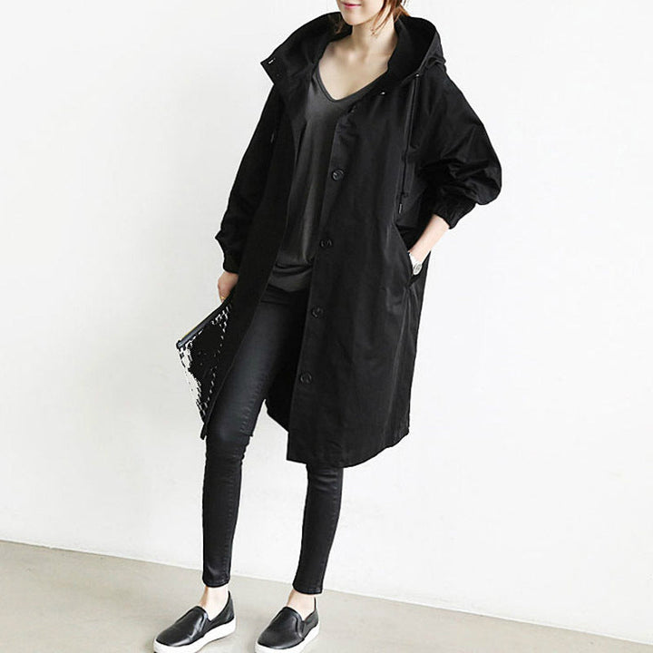 Women's Hooded Trench Coat with Pockets and a Button Front – Black