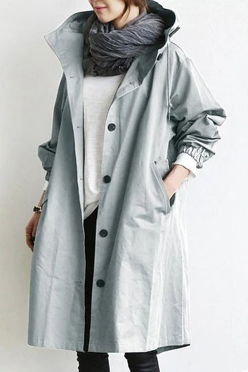 Women's Hooded Trench Coat with Pockets and a Button Front – Light Grey