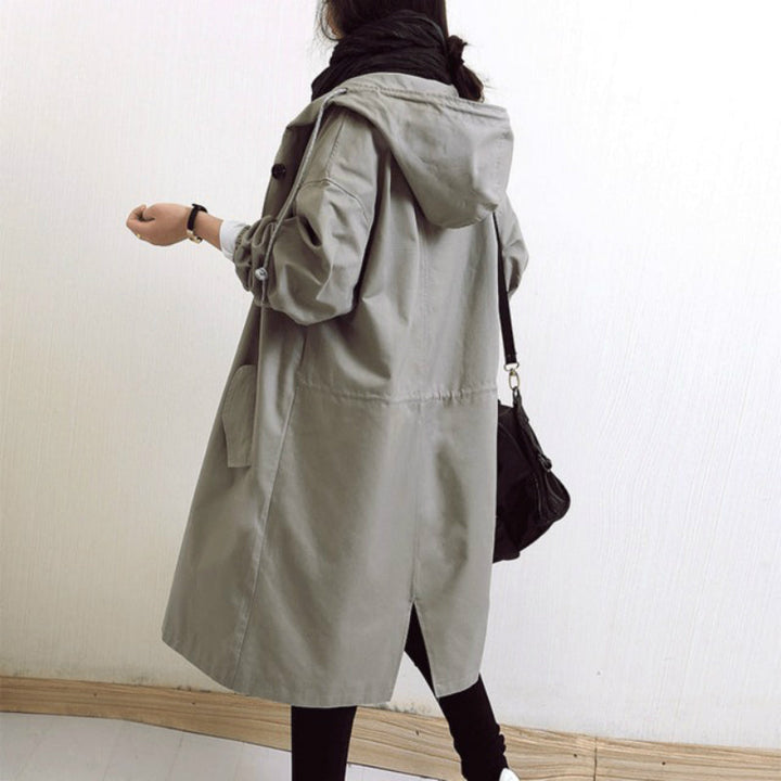 Women's Hooded Trench Coat with Pockets and a Button Front – Grey