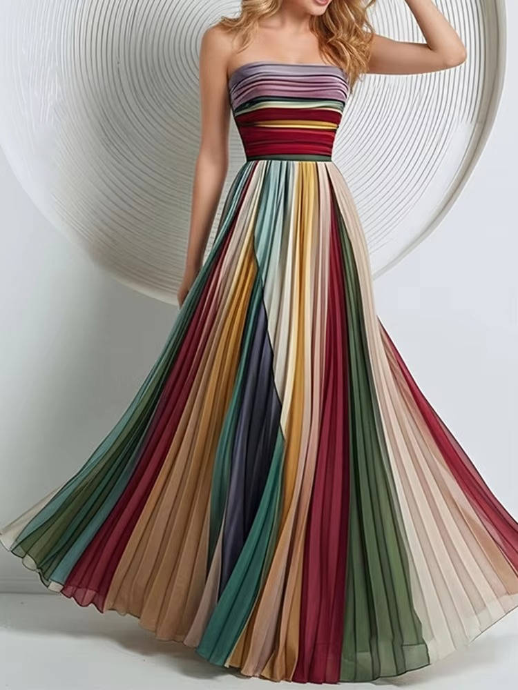 Strapless Maxi Dress with Structured Boning and Pleated Chiffon Skirt, Vertical Stripe