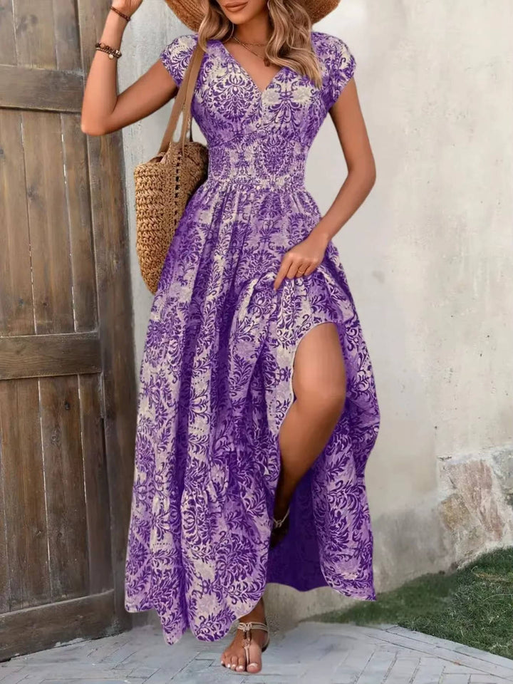 Boho Smocked V Neck Maxi Dress for Women, Short Sleeve Tiered All Over Print Sun Dress, Casual Holiday Vacation Wear
