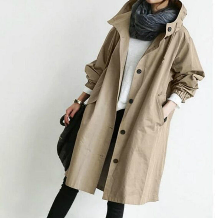 Women's Hooded Trench Coat with Pockets and a Button Front – Khaki