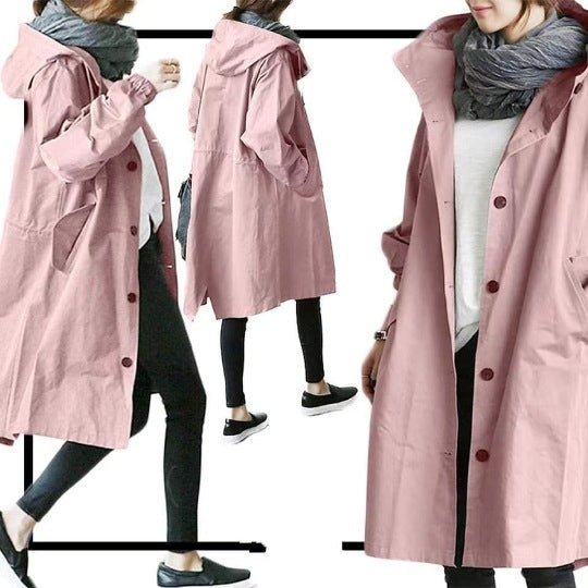 Women's Hooded Trench Coat with Pockets and a Button Front – Pink