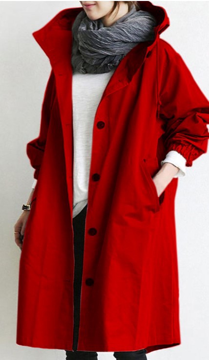 Women's Hooded Trench Coat with Pockets and a Button Front – Red