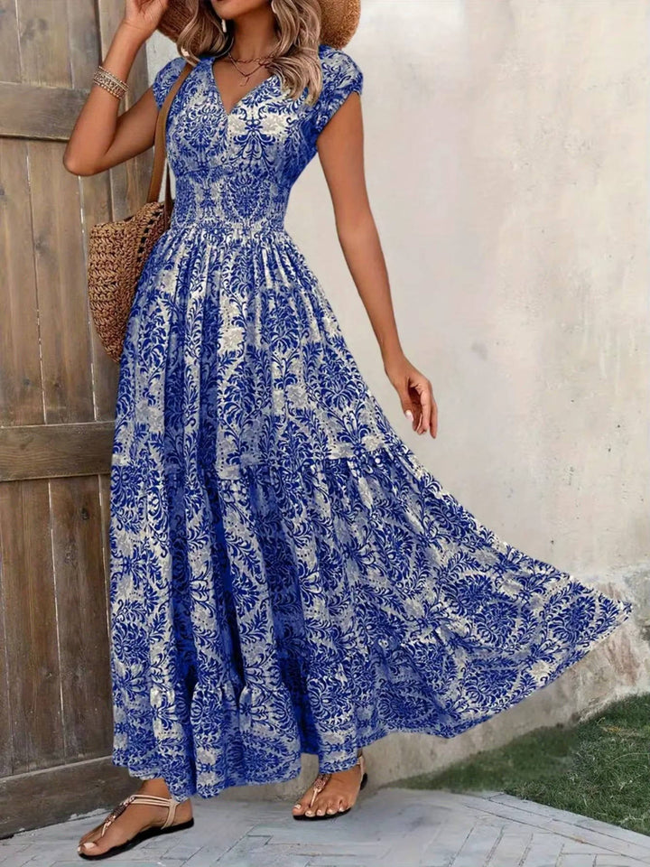 Boho Smocked V Neck Maxi Dress for Women, Short Sleeve Tiered All Over Print Sun Dress, Casual Holiday Vacation Wear