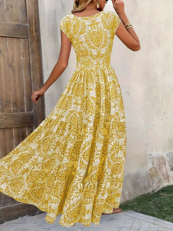 Boho Smocked V Neck Maxi Dress for Women, Short Sleeve Tiered All Over Print Sun Dress, Casual Holiday Vacation Wear
