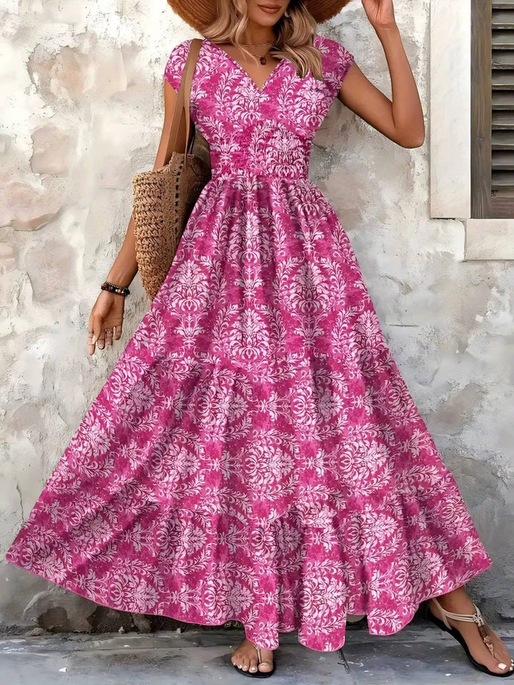 Boho Smocked V Neck Maxi Dress for Women, Short Sleeve Tiered All Over Print Sun Dress, Casual Holiday Vacation Wear