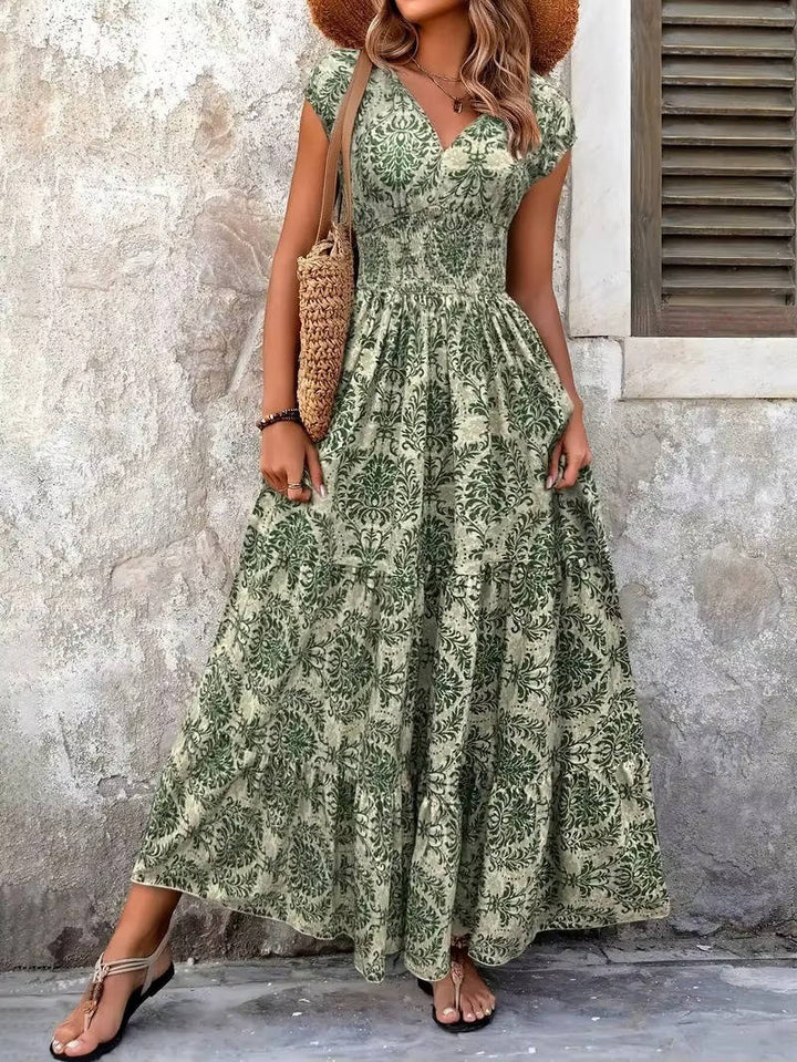 Boho Smocked V Neck Maxi Dress for Women, Short Sleeve Tiered All Over Print Sun Dress, Casual Holiday Vacation Wear