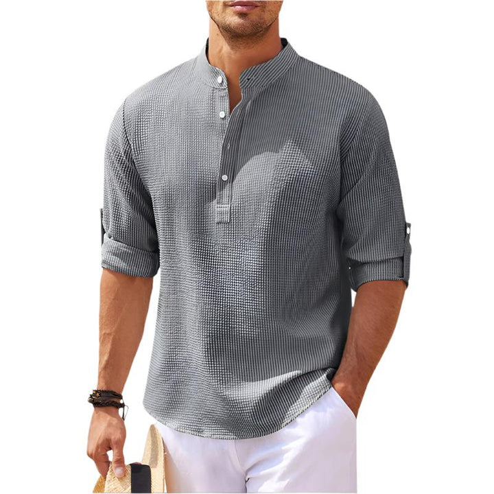 Men’s Band Collar Henley Shirt with Button Placket and Rolled Sleeves
