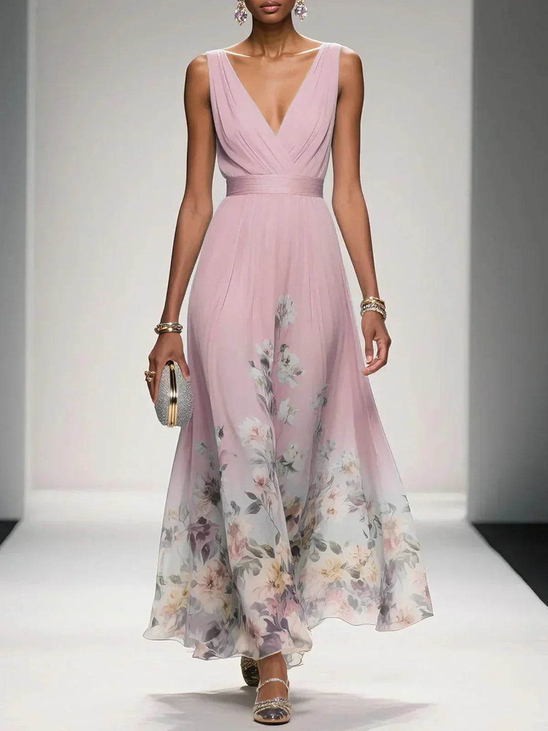 Elegant Floral Women’s Maxi Dress with Pleated Bodice